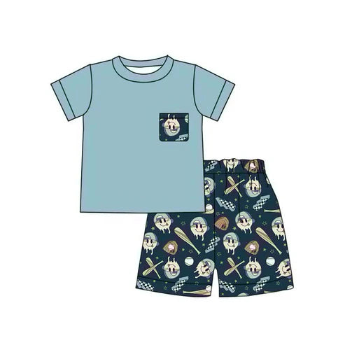 4.30  Custom Baby Boys Blue Short Sleeves Pocket Top Smiles Baseball Short Set (MOQ 3)
