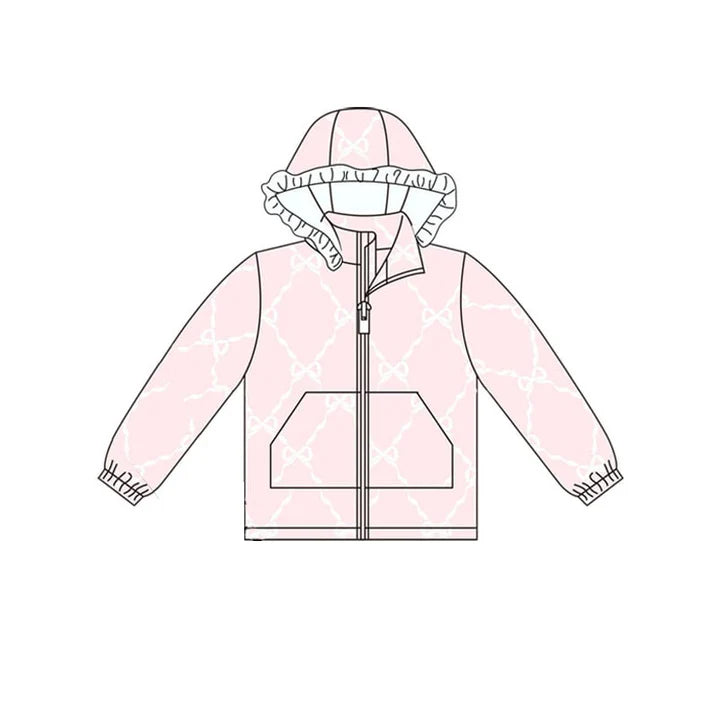9.27 GT1246 Baby Girls Pink Bows Checked Pocket Zipper Ruffle Hoodies Jackets Top Preorder