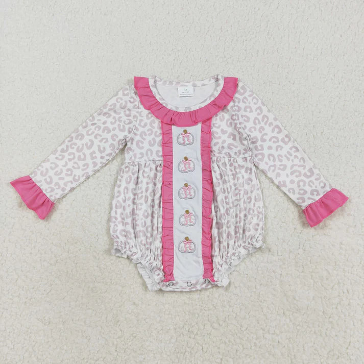 8.22 LR2220 Embroidery Baby Girls Long Sleeves Leopard Bows Pumpkins Ruffle Romper