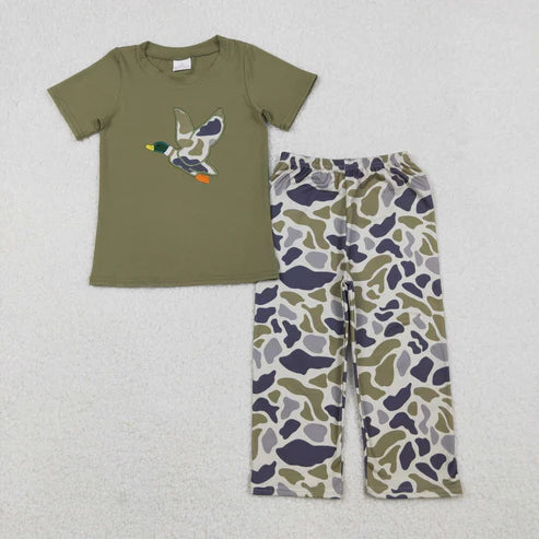 10.22 BSPO0583 Embroidery Camo Duck Baby Boys Green Top Flare Pant Hunting Set