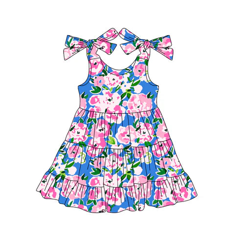 3.29 GSD2302 Baby Girls Blue Strap Watercolor Floral Knee Length Dresses Preorder