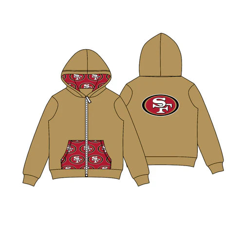 8.11 Custom Moq 5 Baby Boys Khaki SF Team Pocket Zipper Hoodies Tops