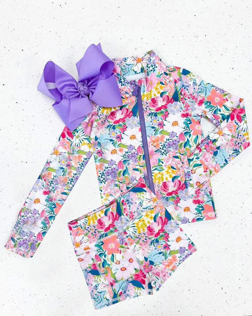 6.5 GLS0012 Baby Girls Long Sleeves Pink Lavender Floral Zipper Top Shorts Yoga Set Preorder