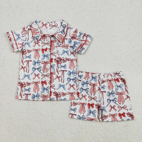 5.21 Sibling Baby Girls Bows Button Top Short 4th Of July Pajamas Sets