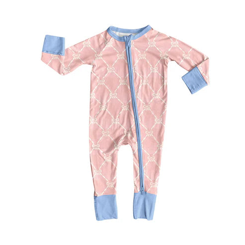 10.21 LR2757 Baby Girls Long Sleeve Pink Bows Checked Zipper Footie Rompers Preorder