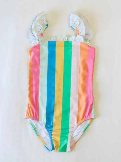 4.17 S0550 Baby Girls Flutter Sleeves Colorful Stripe One Piece Swimsuits Preorder