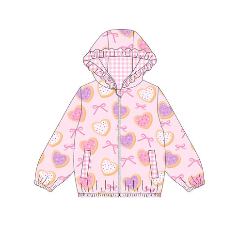 10.10 Custom Moq 5 Baby Girls Pink Hearts Bows Pocket Zipper Valentine Ruffle Hoodies Jackets Top