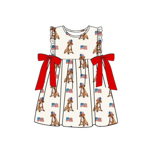 4.18 GSD2466 Baby Girls Sleeveless Dogs Flags 4th Of July Knee Length Dresses Preorder