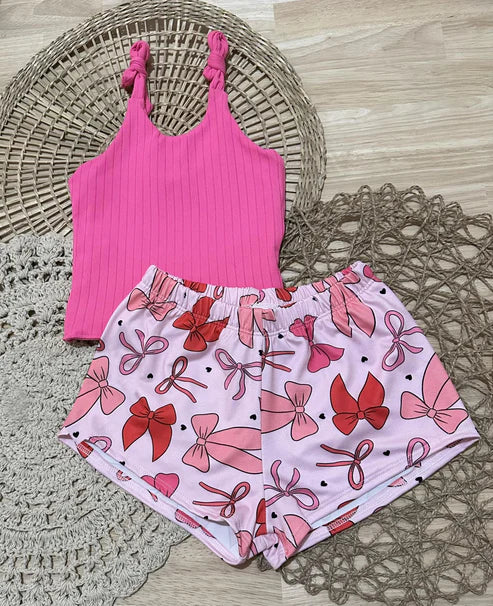 3.28 GSSO2438 Baby Girls Pink Strap Stripe Top Colorful Bows Hearts Short Set Preorder