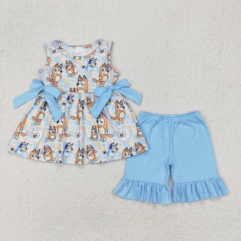3.29 GSSO2223 Baby Girls Cartoon Dogs Bows Tunic Ruffle Shorts Set