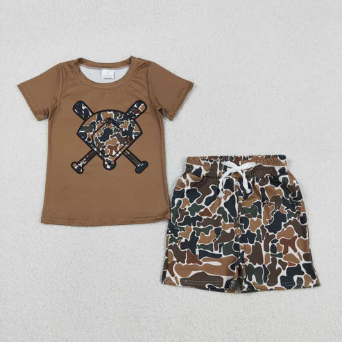 11.26 BT1420+SS0732 Baby Girls Dark Brown Camo Baseballs Top Pockets Shorts Team Clothes Set