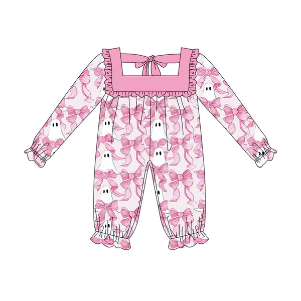 5.19 Baby Girls Long Sleeves Pink Bows Ghosts Tunic Ruffle Pant Set Preorder