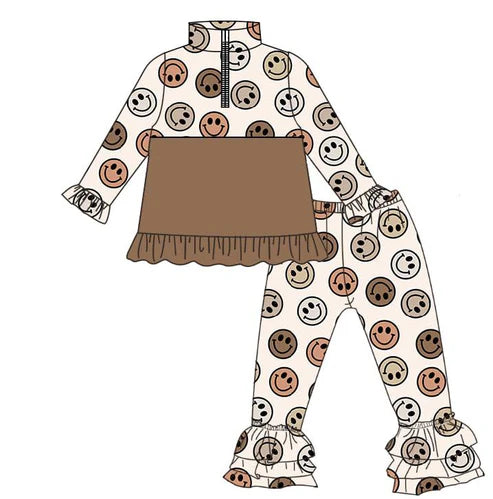 11.6 Baby Girls Brown Smiles Zipper Pullovers Ruffle Pants Clothes Sets Preorder