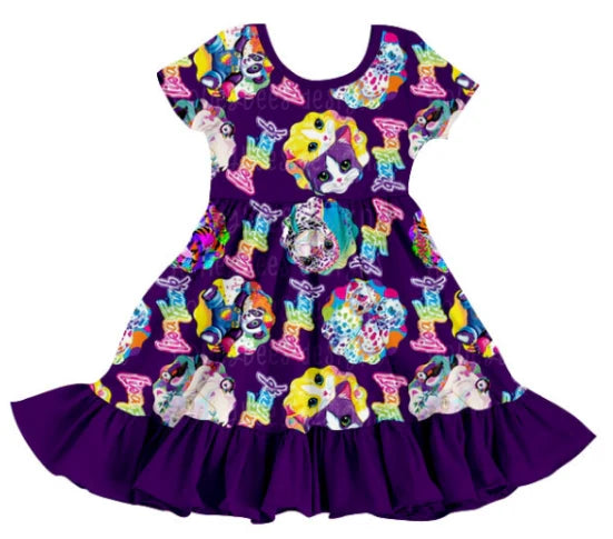 5.12 Girl cartoon purple lace short sleeve dress