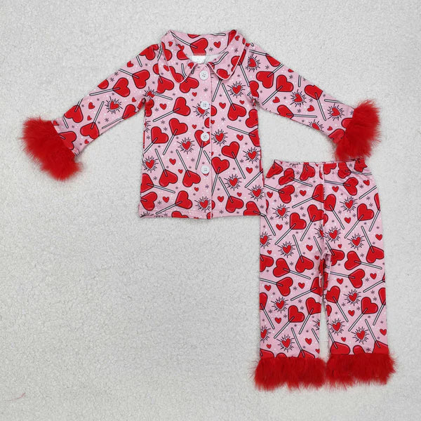 3.18 GLP2266 Baby Girls Valentines Candy Fur Button Ups Top Pants Pajamas Clothes Set
