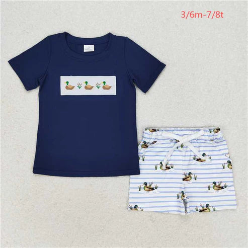 BSSO0884 Embroidered three ducks navy blue short sleeve striped shorts suit