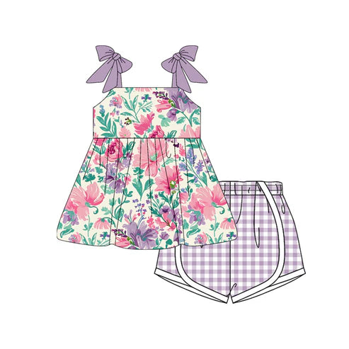 4.19 GSSO2558 Baby Girls Lavender Bows Strap Floral Tunic Plaid Short Set Preorder