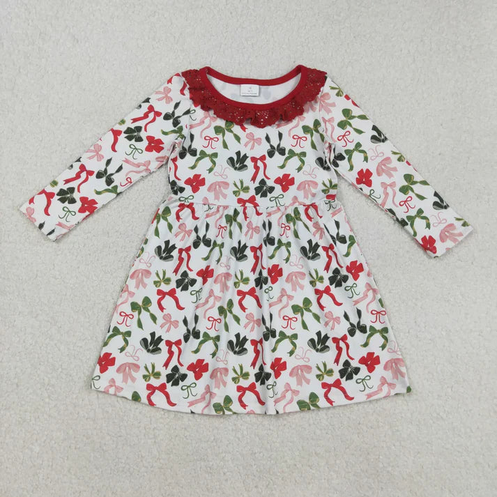 9.4 Sibling Baby Girls Christmas Green Red Bows Pockets Jumpsuits Knee Length Dress