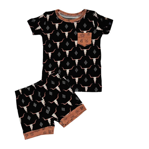 10.20 BSSO1552 Baby Boys Aztec Bull Skulls Pockets Top Shorts Western Pajamas Sets Preorder