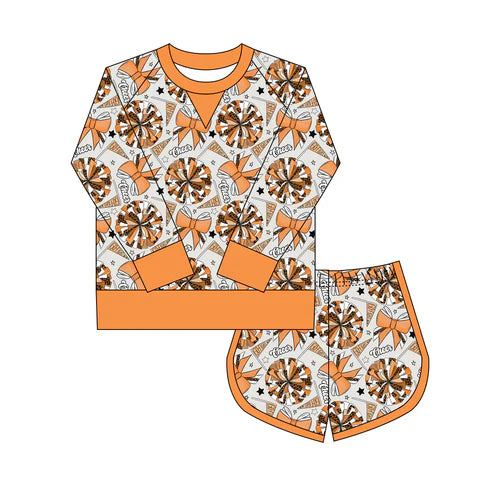10.15 Custom Moq 8 Baby Girls Orange Bows Go Footballs Long Sleeve Top Shorts Team Clothes Set