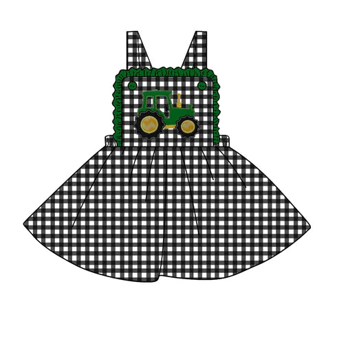 6.20 Custom Moq 3 Baby Girls Tractor Plaid Suspender Knee Length Dresses