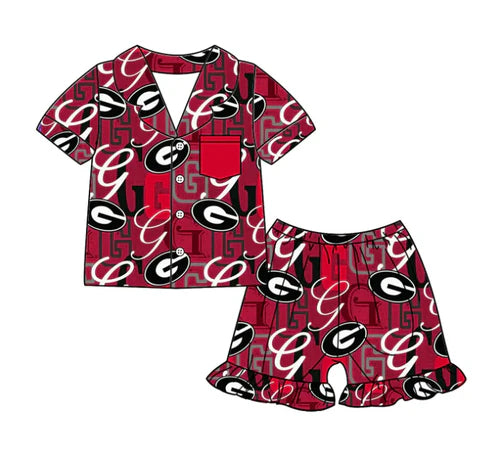 6.23 Custom Moq 3 Baby Girls Short Sleeves G Button Pocket Top Ruffle Shorts Team Pajamas Set