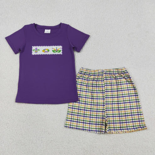 12.16 BSSO1603 Embroidery Anchor Donuts Baby Boys Mardigras Top Checked Shorts Clothes Set