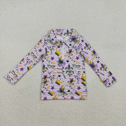 11.26 GT1369 Baby Girls Mardigras Stripe Anchor Mask Zipper Pockets Yoga Active Pullovers Top