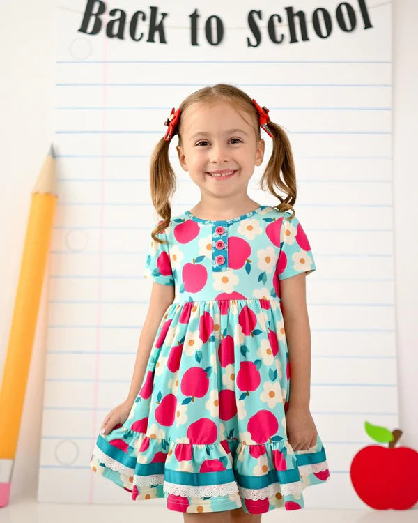 L-3.5 GSD1994 Baby Girls Flowers Apples Back To School Knee Length Dresses Preorder