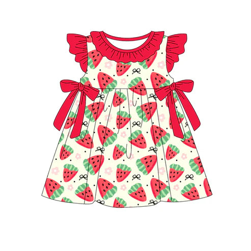 4.19 GSD2465 Baby Girls Red Flutter Sleeves Flowers Strawberry Knee Length Dresses Preorder