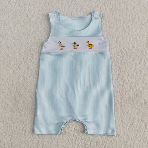 5.15 SR2991 Embroidery Baby Infant Boys Blue Stripe Sleeveless Ducks Button Romper