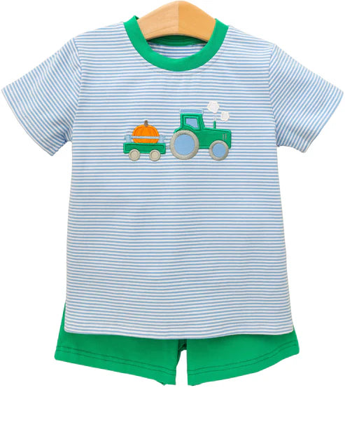 8.6 BSSO1549 Baby Boys Blue Stripe Truck Pumpkin Top Shorts Fall Clothes Set Preorder