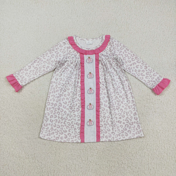 8.18 GLD1054 Embroidery Baby Girls Long Ruffle Sleeves Leopard Bows Pumpkins Knee Length Dress