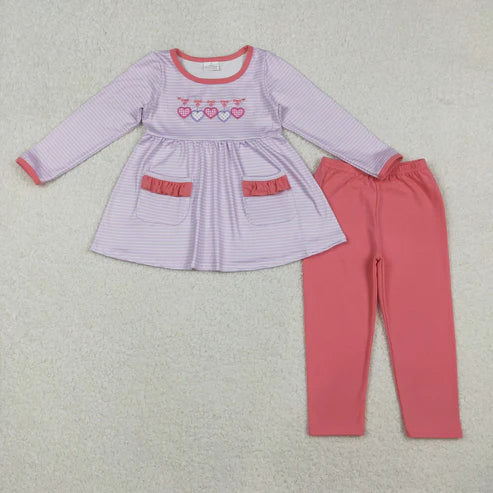 10.25 GLP2906 Embroidery Baby Girls Hearts Lavender Stripe Pockets Tunic Leggings Valentine Clothes Set