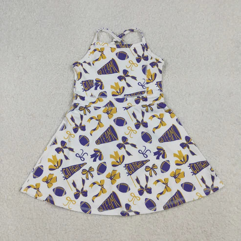 10.31 Sibling Baby Girls Purple Bows Footballs Team Shorts Yoga Clothes Set Knee Length Dresses