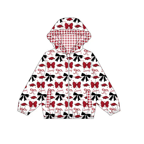 9.6 Custom Moq 5 Baby Girls Red Arkansas Bows Zip Ruffle Hooded Cardigan Jackets Tops