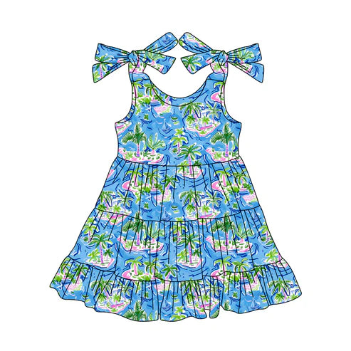 3.29 GSD2273 Baby Girls Blue Bows Strap Beach Knee Length Dresses Preorder