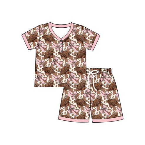 6.19 GSSO2610 Adult Women Short Sleeves Button Highland Cow Print Pink Bows Top Short Pajamas Sets Preorder