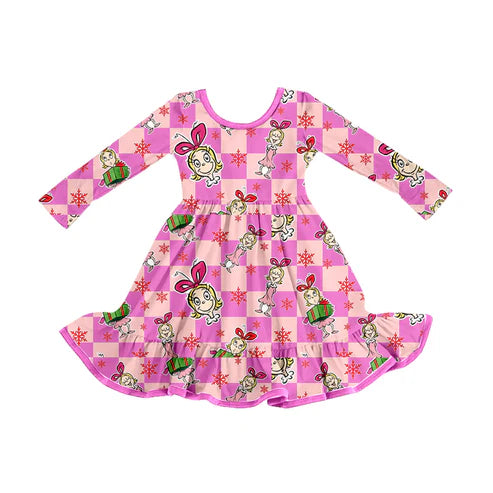 8.29 GLD1281 Baby Girls Pink Checked Cartoon Miss Christmas Ruffle Knee Length Dresses Preorder