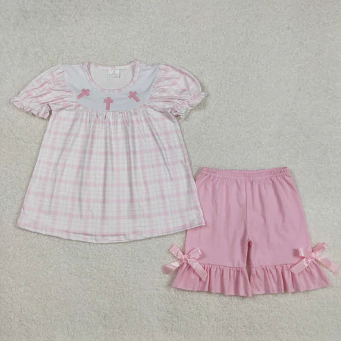 L-3.8 GSSO1855 Baby Girls Pink Checkered Easter Cross Tunic Ruffle Shorts Clothes Set