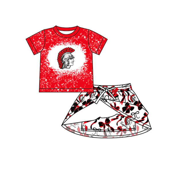 7.10 Custom Moq 3 Baby Girls Short Sleeves Red Trojans Top Bows Skorts Team Sets