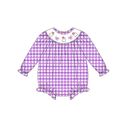 5.20 LR2206 Baby Girls Long Sleeves Purple Plaid Smocked Bows Ghosts Ruffle Rompers Preorder