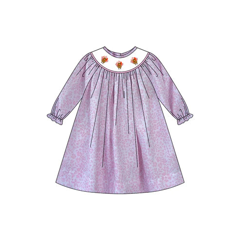 3.29 GLD1027 Baby Girls Purple Leopard Long Ruffle Sleeves Turkey Smocked Knee Length Dresses Preorder