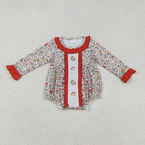 9.16 LR2232 Ruffle Baby Girls Long Sleeves Orange Floral Santa Cakes Ruffle Romper