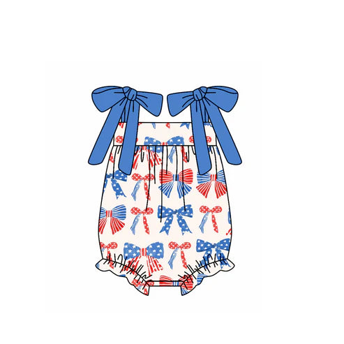 SR2902 Baby Infant Boys Blue Strap Red Bows Stars 4th Of July Rompers Preorder
