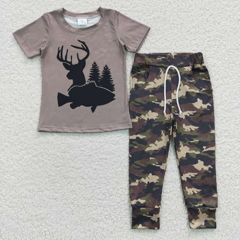5.17 RTS NO MOQ BSPO0108 Boys Deer Fish Hunting Camouflage Short Sleeve Trousers Set