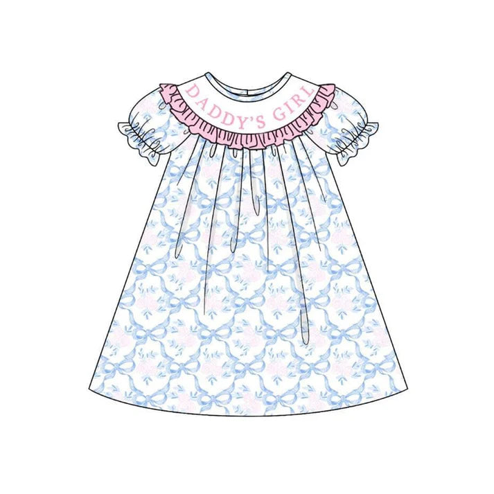 3.23 GSD2226 Baby Girls Short Ruffle Sleeves Blue Bows DADDY'S GIRL Knee Length Dresses Preorder