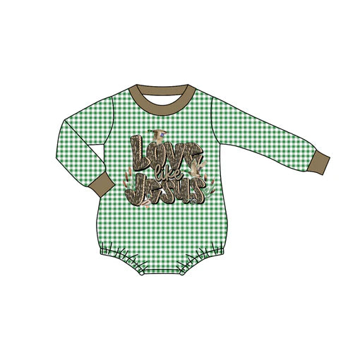 8.5 LR2550 Baby Boys Green Plaid Ducks Jesus Western Rompers Preorder