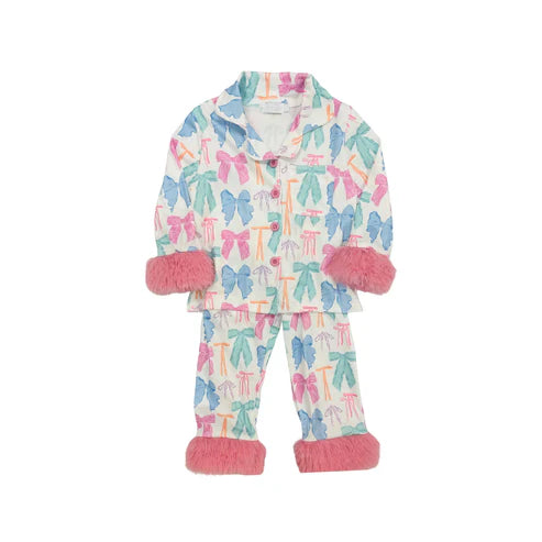 9.2 GLP2767 Baby Girls Colorful Bows Plaid Button Pocket Top Pant Fur Pajamas Set Preorder