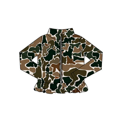 10.24 GT1315 Baby Girls Dark Brown Camo Ruffle Yoga Zipper Jackets Top Preorder